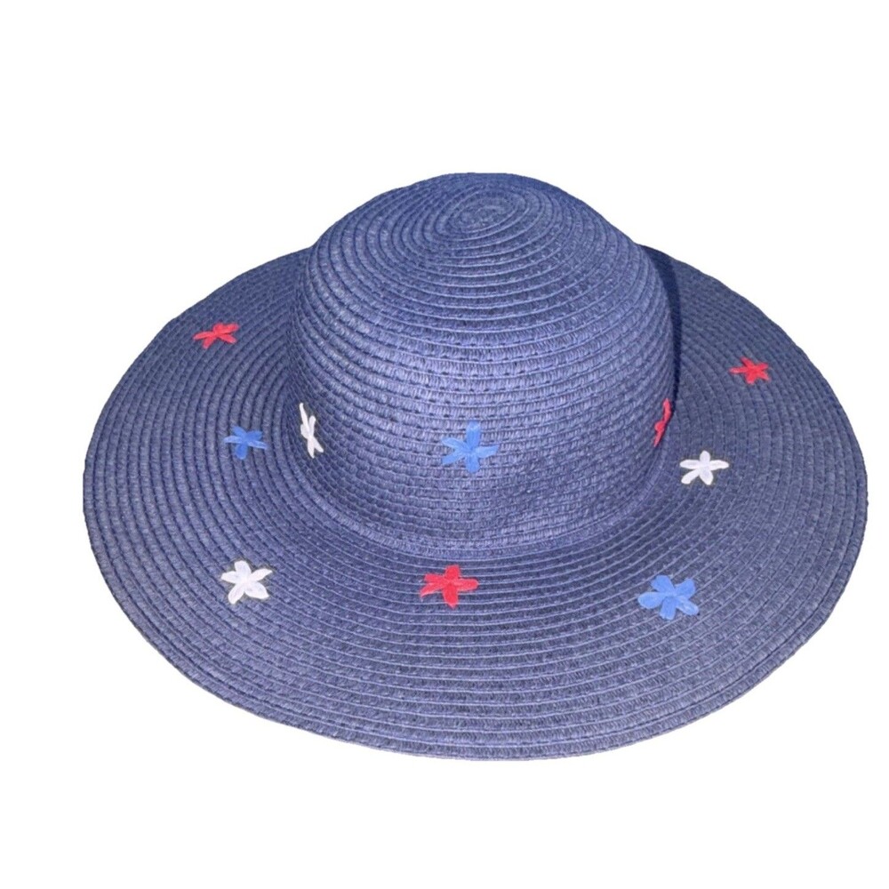 Blue Wide Brim Sun Hat for kids with Red White Floral Accents, Paper Polyester
